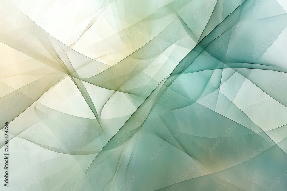 Poster Abstract artwork featuring translucent, overlapping layers in soft green and beige tones, creating a flowing, ethereal effect.