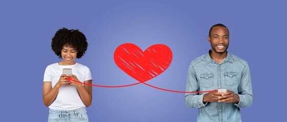 A couple connects joyfully through their smartphones, exchanging affectionate messages on St. Valentine's Day. They enjoy a heartfelt celebration together while isolated in a collage backdrop.