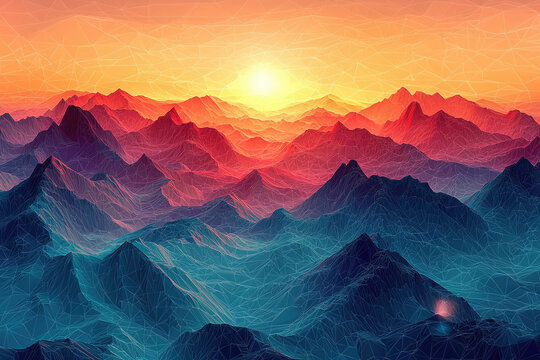 Sunset over a range of wireframe mountains, vibrant colors, digital art.