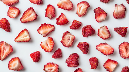 dried strawberry pieces on white background