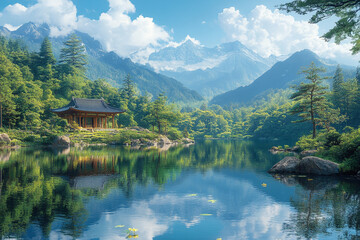 Fototapeta premium Serene Reflections, A Tranquil Lakeside Sanctuary in the Mountains