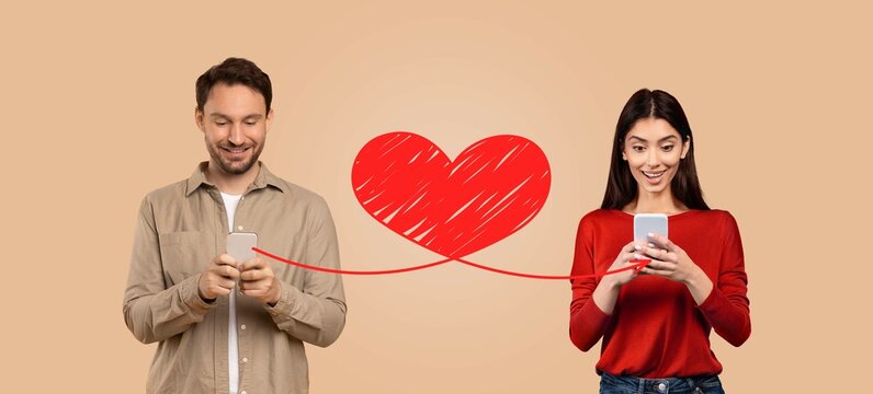 A couple expresses their affection on Valentine's Day, each using their smartphone to send messages. They smile while engaging with an online application, celebrating their bond.