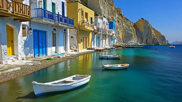 Exploring the charm of Agios Konstantinos beach fishing village in Milos Island on a sunny day, Agios Konstantinos beach fishing village Milos island, Greece