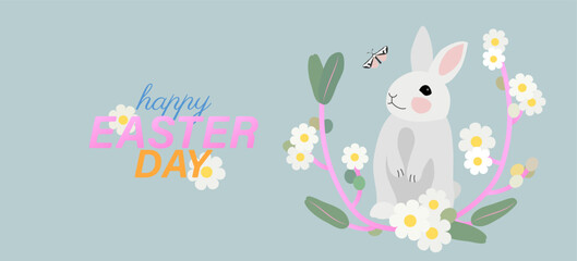 Easter day greeting banner with nice rabbit, plant,  flower and butterfly on a green background. 
