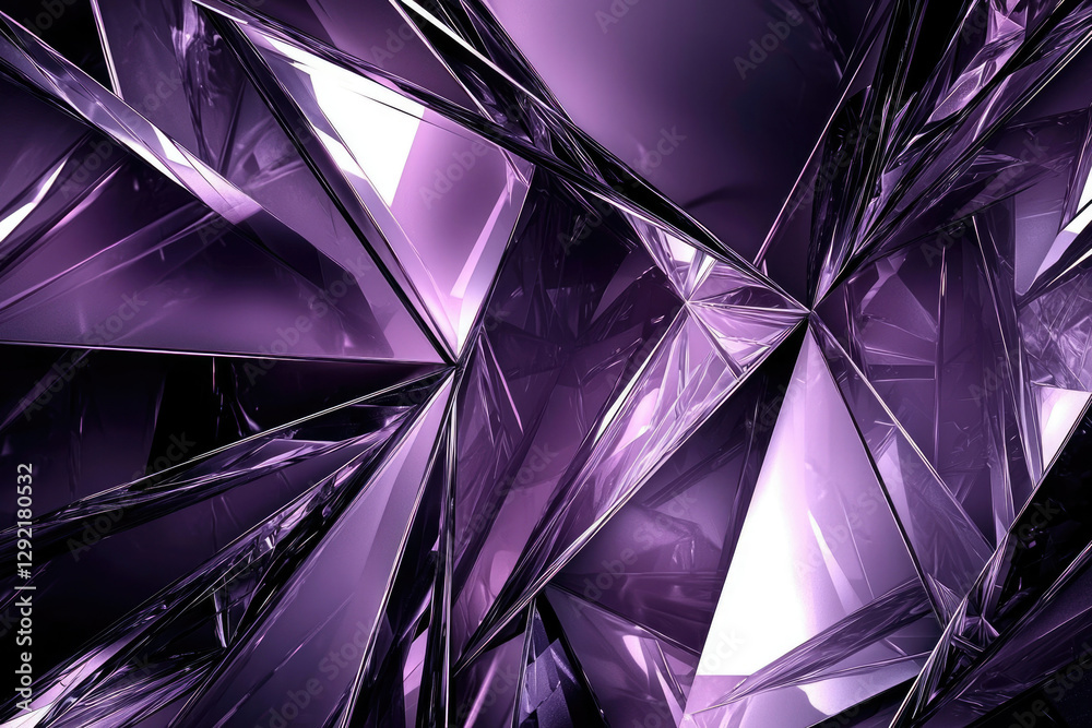 Poster abstract purple geometric background with glossy, reflective, triangular facets creating a dynamic, 
