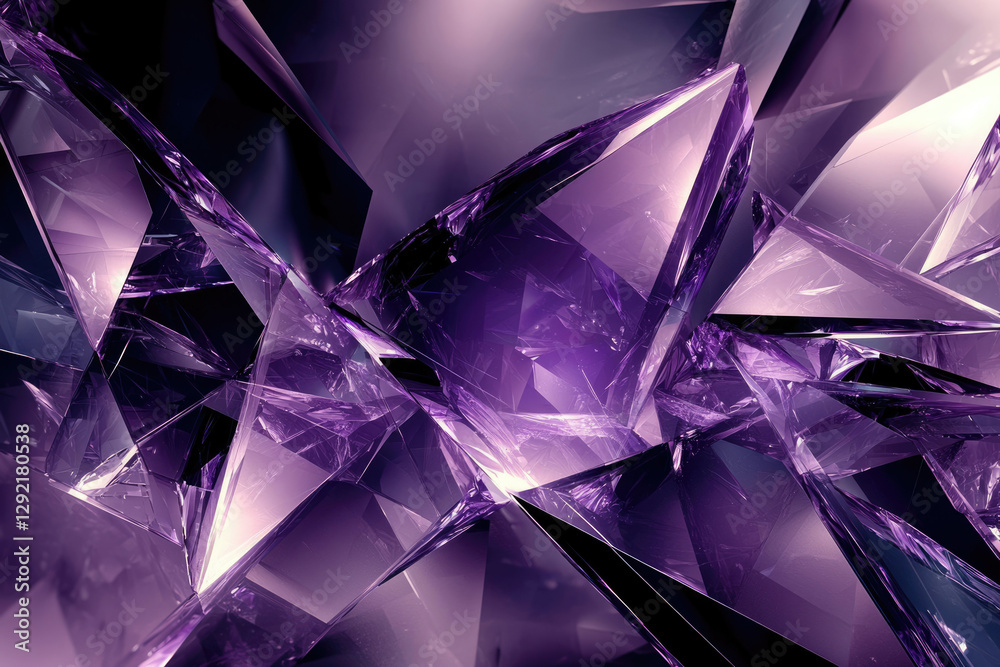 Poster abstract image of shattered purple crystals, showcasing sharp angles and reflective surfaces.