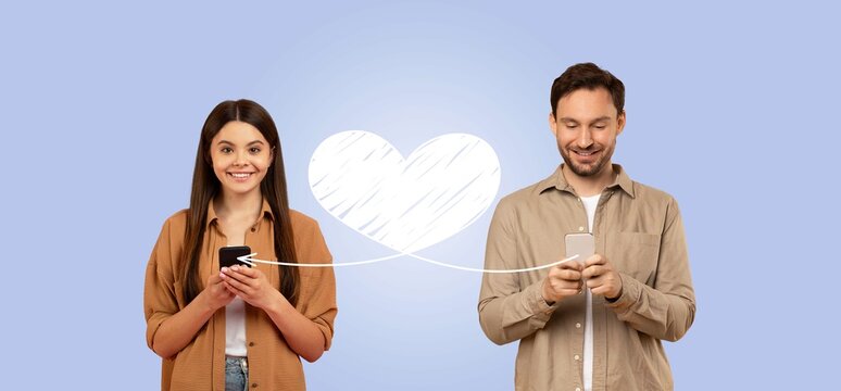 A couple stands together isolated in a collage, smiling while engaged with their smartphones. They are sending affectionate messages to each other, celebrating love on St. Valentine's Day.