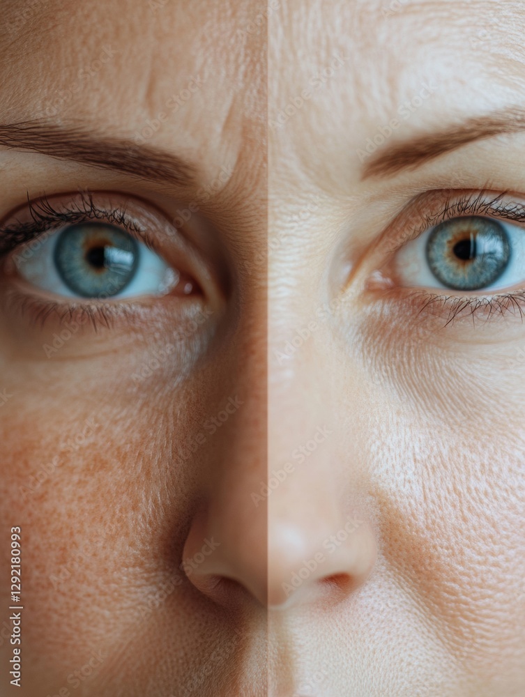 Poster contrast of aging on a woman’s face showcasing smooth skin and drawn lines in a medical examination 