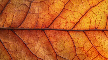 Fototapeta premium Close-up autumn leaf vein detail, intricate patterns, fall colors, nature background
