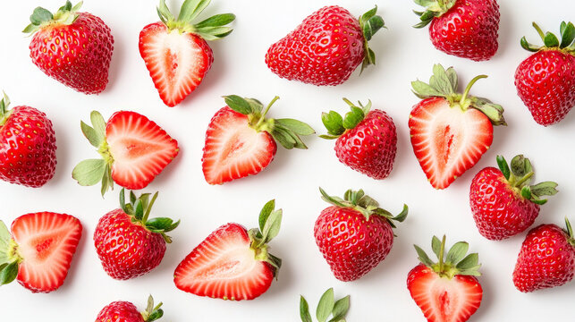 Falling Strawberry pieces isolated, red berry cuts, flying strawberries slices, summer food ingredient, strawberri fruits closeup on white background