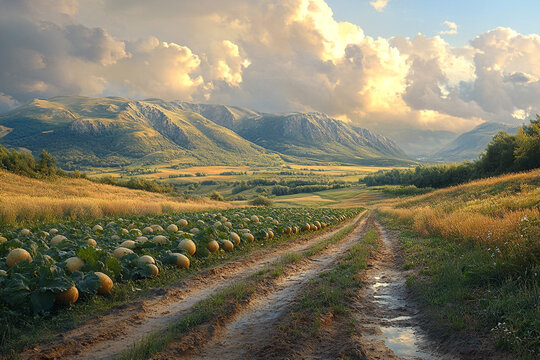 Golden Hour's Embrace, Pumpkin Patch and Mountain Serenity Landscape