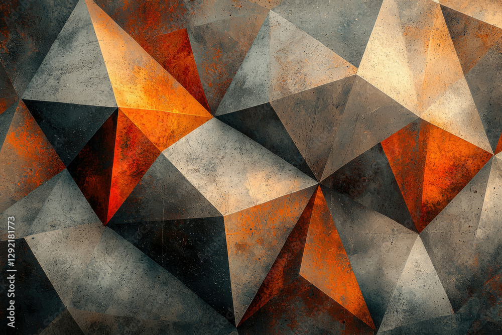 Poster Abstract geometric pattern with grey, orange, and dark tones creating a textured, three-dimensional effect.