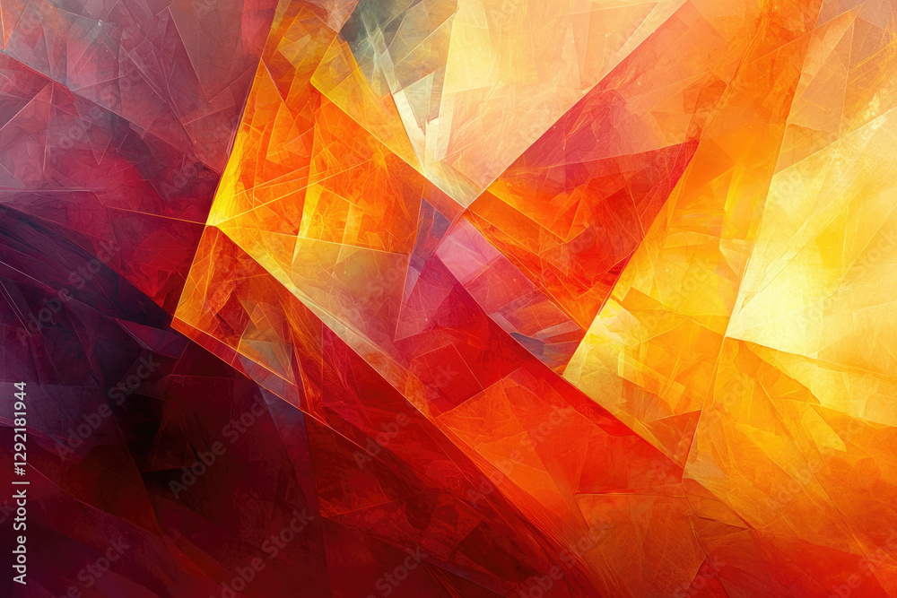 Poster Abstract art showcasing vibrant, geometric shapes in fiery oranges and deep reds, creating a dynamic interplay of light and shadow.