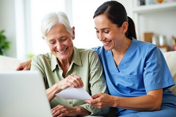 Obraz premium Caring Interaction Between a Middle-Aged Female Nurse and Elderly Woman in a Bright, Comfortable Living Room, Sharing a Moment of Joy and Connection