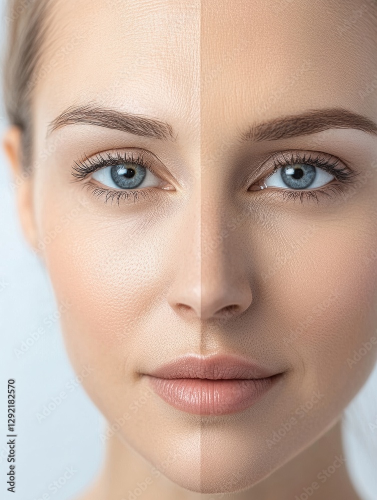 Poster close up of a womans face showing drawn lines on one side and smooth skin on the other in a medical 