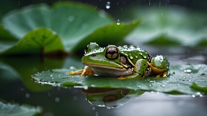 Obraz premium A macro shot of green frog on a lotus leaf in pond.