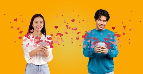 Fototapeta premium A couple celebrates St. Valentine's Day, smiling and exchanging affectionate messages on their smartphones. Their joy is highlighted by heart graphics, creating a festive atmosphere.