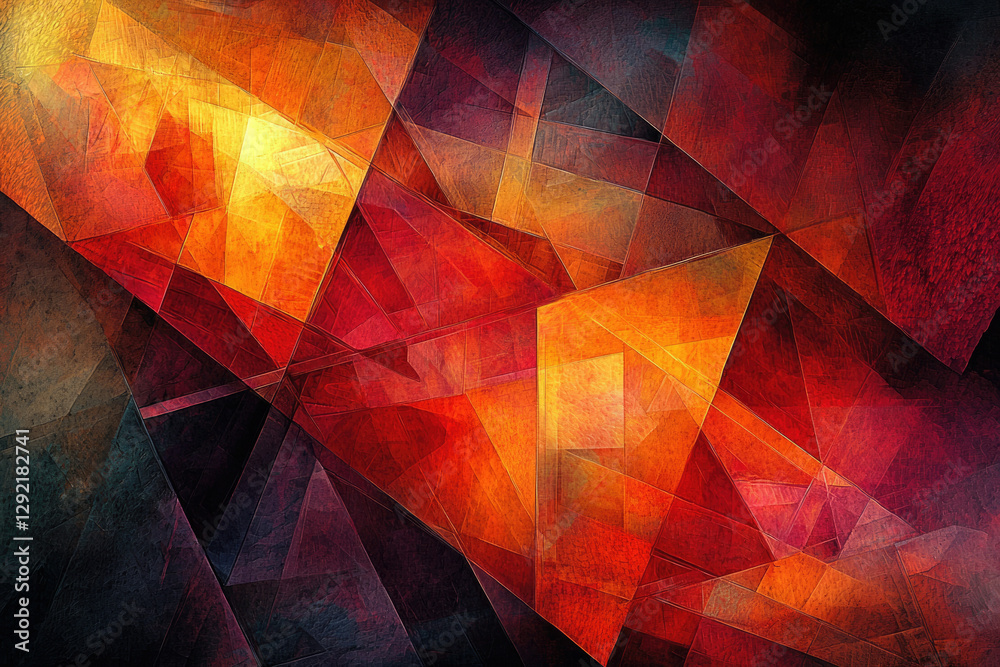 Poster abstract geometric artwork featuring vibrant red and orange hues, creating a dynamic and textured co