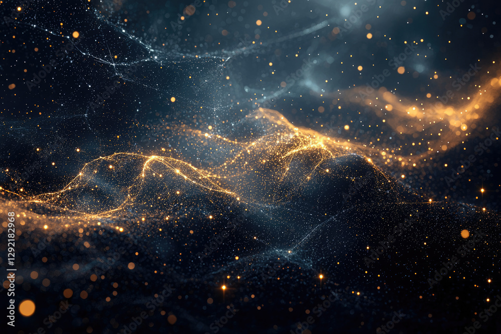 Aufkleber Abstract cosmic landscape with glowing particles and interconnected lines forming a wave-like pattern.