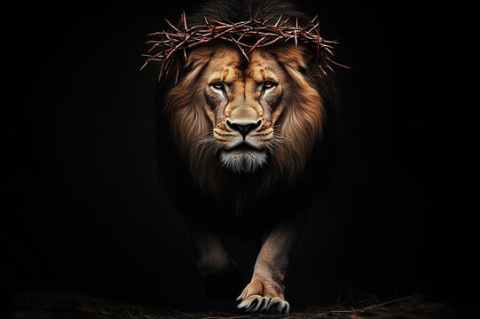 Jesus Christ as Lion of Judah Wearing Crown of Thorns on Black Background