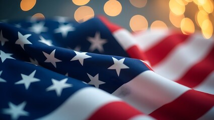Fototapeta premium USA flag closeup photo bokeh background, American national Independence Day symbol