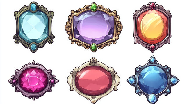 Game frames, bronze, gold and silver horizontal borders with ornate rims, gems. Ui level plaques evolution from simple to luxury. Isolated cartoon graphic gui elements for rpg, mmo or app, Vector set