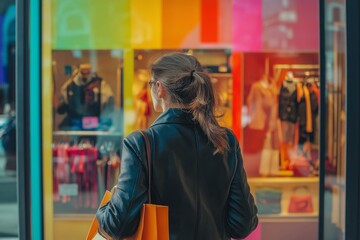Obraz premium woman holding a shopping bag, standing in front of a colorful storefront