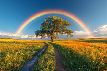 Naklejka premium Lush Meadow Landscape with a Majestic Tree Framed by a Vibrant Rainbow