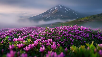   A field of purple flowers in front of a snow-capped mountain with a foggy sky behind it