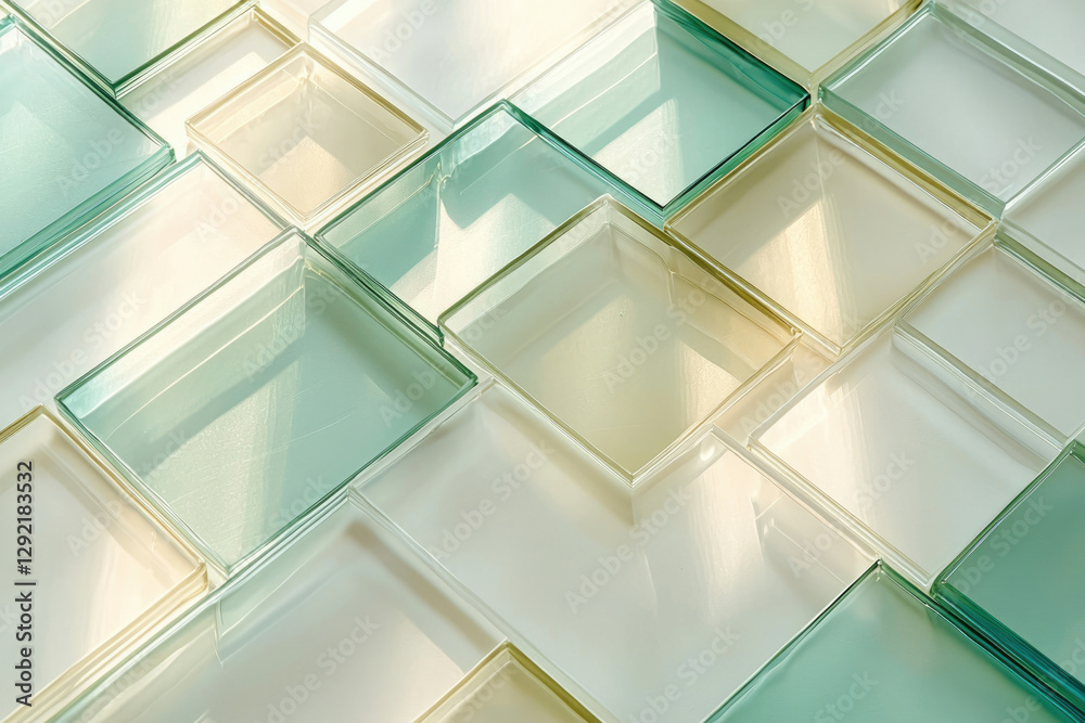 Aufkleber Overlapping translucent square glass tiles create an abstract, geometric pattern with soft light and shadows.