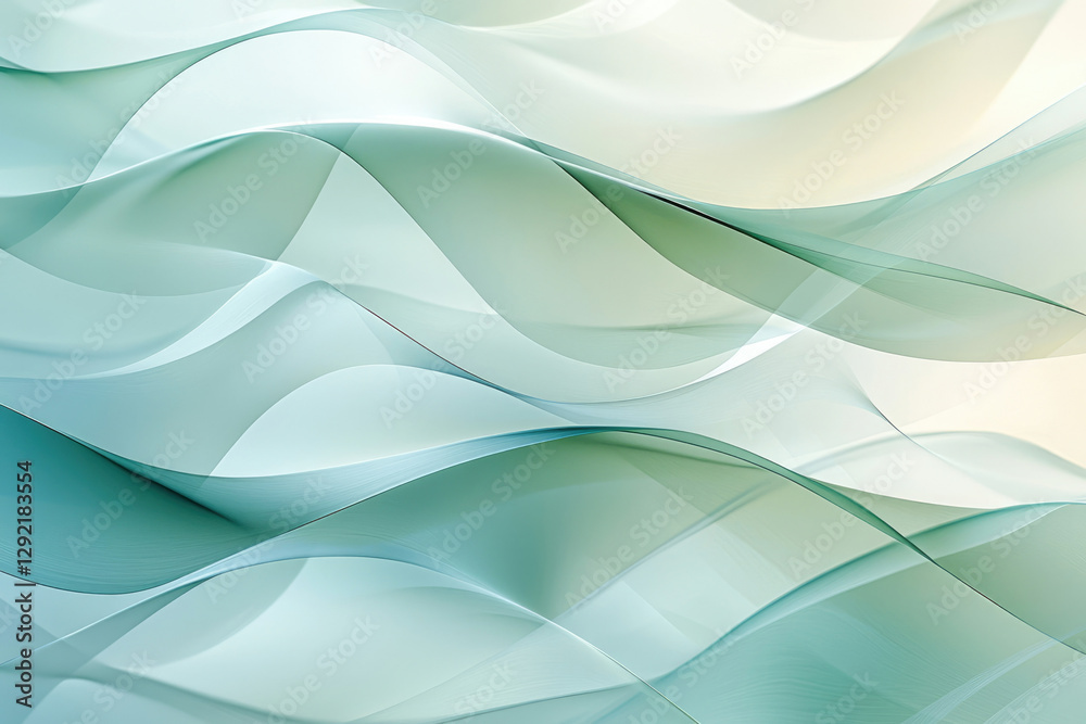 Poster abstract background with flowing, translucent teal and white waves creating a serene and elegant des