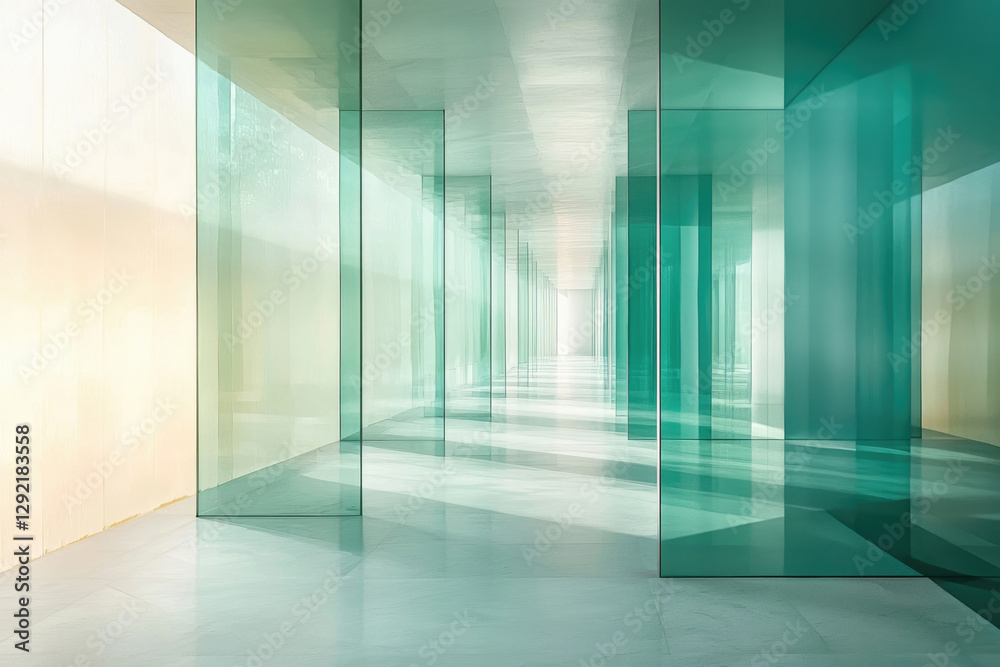 Poster a minimalist hallway with translucent teal glass partitions, creating a serene and modern atmosphere