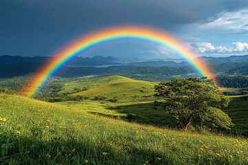 Fototapeta premium Radiant rainbow arches over verdant hills and a tranquil landscape vista