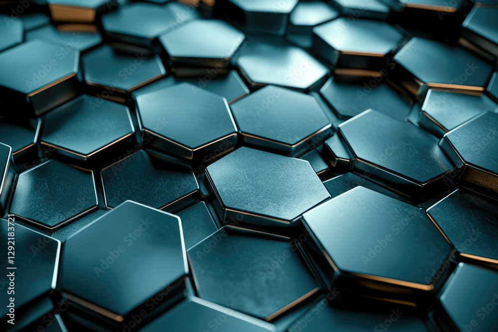 Poster Abstract 3D rendering of a metallic hexagonal pattern, creating a futuristic and technological background.