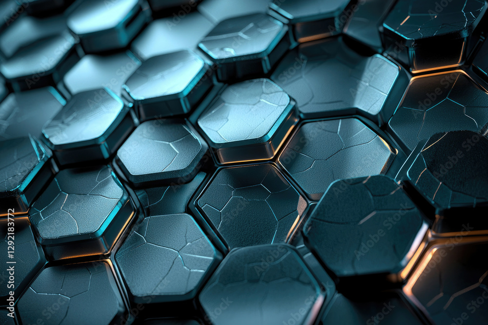 Aufkleber abstract hexagonal pattern, dark teal metallic surface with cracked texture, futuristic design.