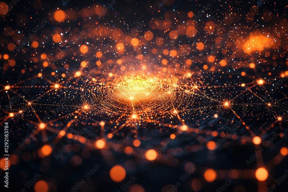 Poster a mesmerizing abstract depiction of interconnected nodes, glowing brightly against a dark backdrop, 