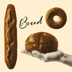 Fototapeta premium bread collection, vintage halftone effect set, baguette, hand holding a bread loaf, bagel