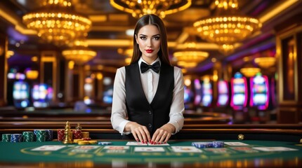 Elegant casino dealer showcasing skills at a luxurious gaming table during an evening event with vibrant lights and atmosphere. Generative AI
