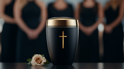 Heartfelt memorial urn adorned with a golden cross, surrounded by grieving individuals in formal black attire, emphasizing loss and remembrance.