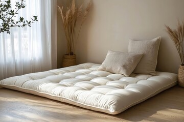 Minimalist bedroom with floor mattress, soft linen, and neutral color tones.