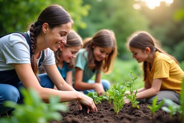 A Joyful Afternoon of Gardening: A Caucasian Woman with Long Dark Hair Engages in Planting with Three Young Girls in a Lush Green Outdoor Setting