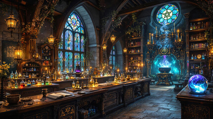 Obraz premium Enchanting alchemy lab filled with colorful potions and mystical artifacts in a dimly lit, medieval setting. Generative AI