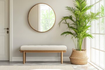 Modern entryway with a stylish bench, mirror, and potted green plant.