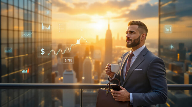 Business professional enjoying a coffee with a city skyline and financial graphics at sunset. Generative AI - Powered by Adobe