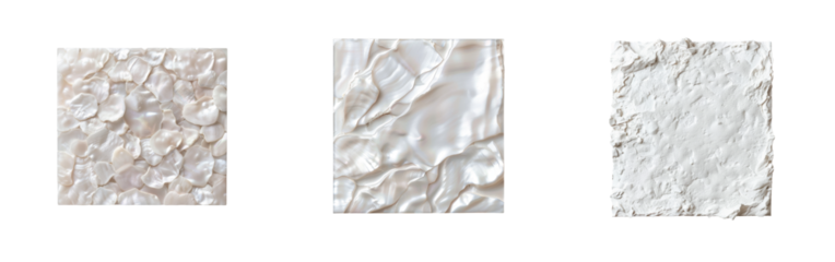 Collection of three unique textured white surfaces display varying patterns and natural designs