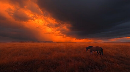 Lone horse in field at fiery sunset; dramatic sky