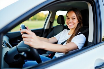 A Smiling Young Woman in Her Late Teens Driving a Car on a Sunny Day, Enjoying the Road Ahead with a Sense of Freedom and Adventure