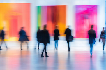 A blurry photo of people walking by colorful museum paintings