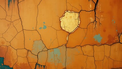 Naklejka premium Colorful abstract texture showing cracked surface with gold detail on orange background. Generative AI