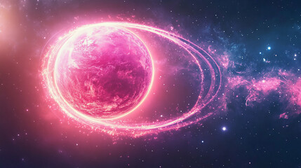 Fototapeta premium Pink planet ring neon light effect with circle line sparkle. Digital energy twirl with magic flare expansion. Space curve orbit vector illustration. Abstract galaxy element circular disk shape frame